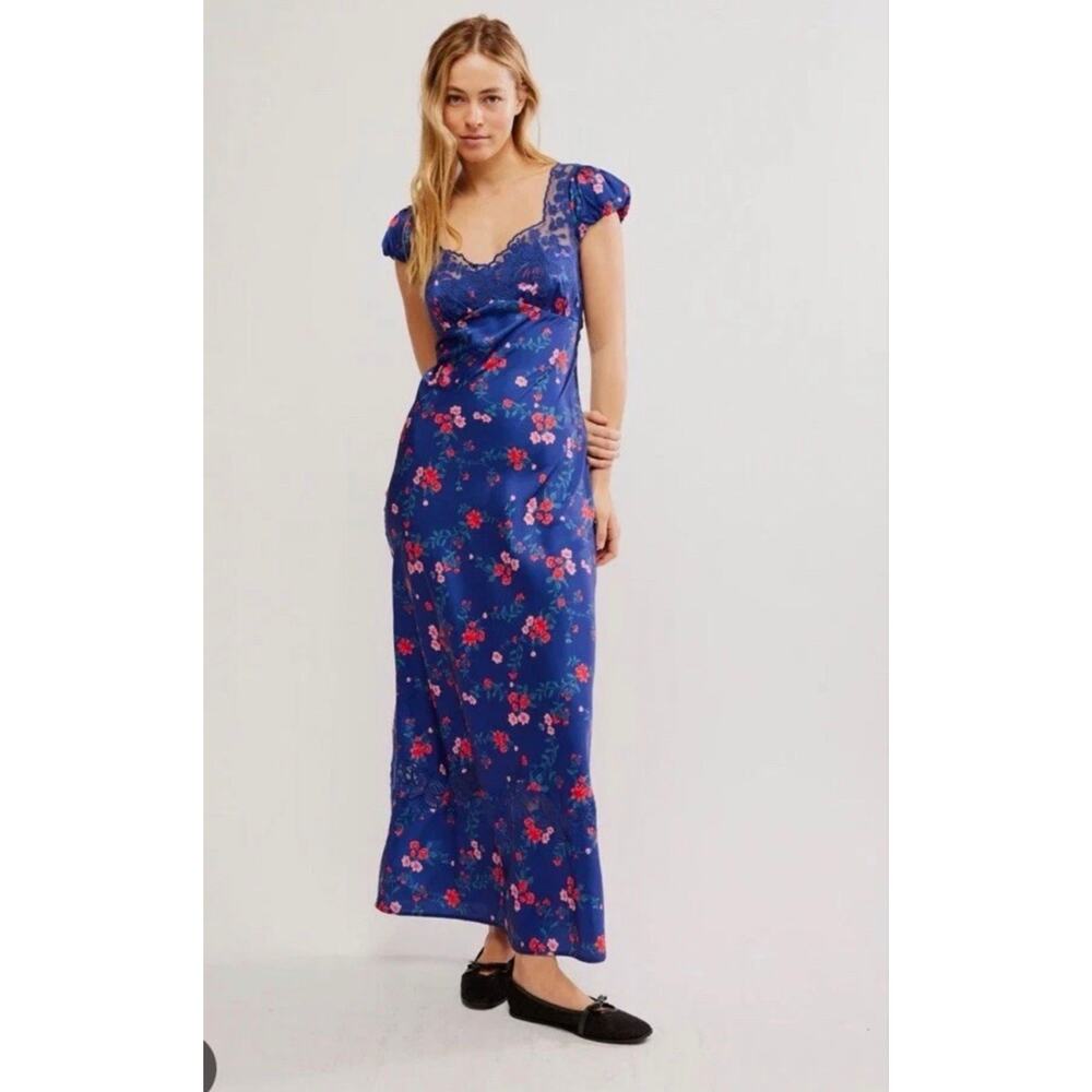 Free People Blue Floral Maxi Dress with Pink Red Accents